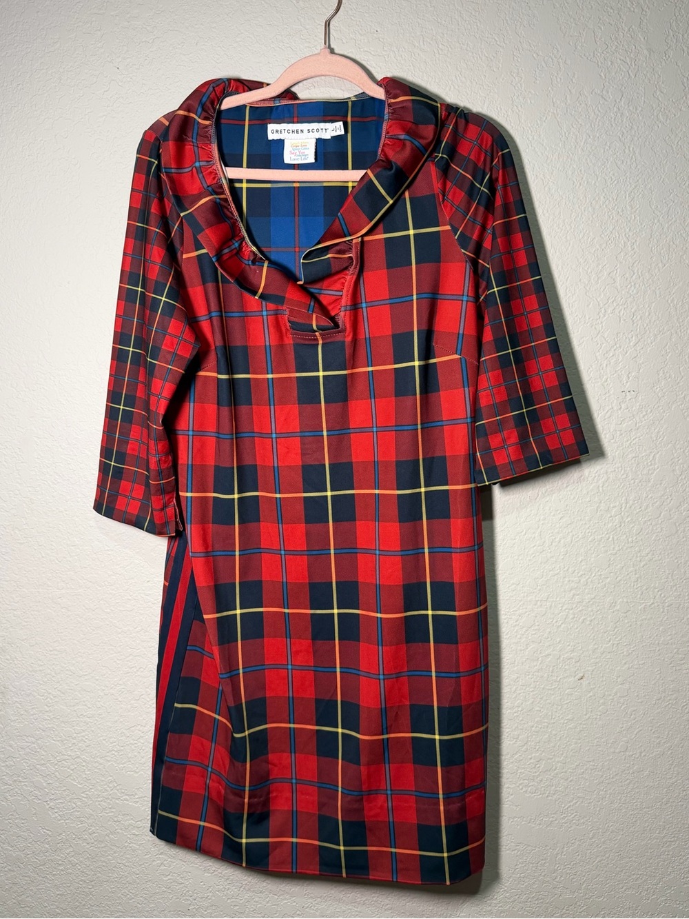 Gretchen Scott Jersey Ruffneck Dress in "Plaidly Cooper Red" size large